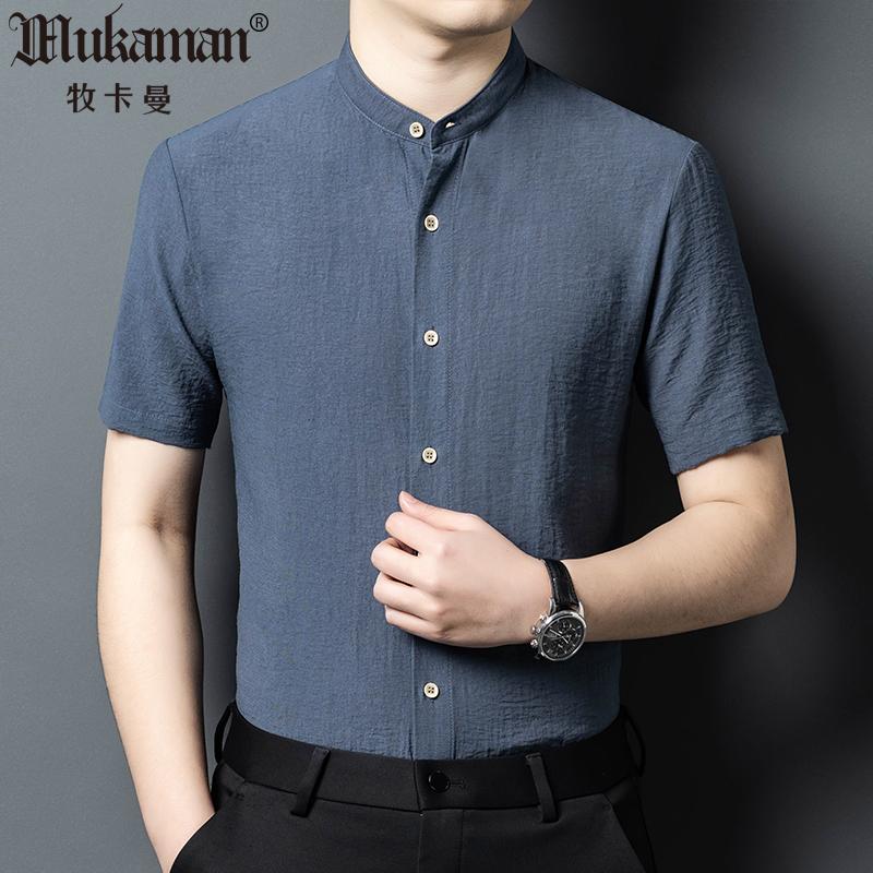 凉爽薄款亚麻半袖中国风无领衬衣