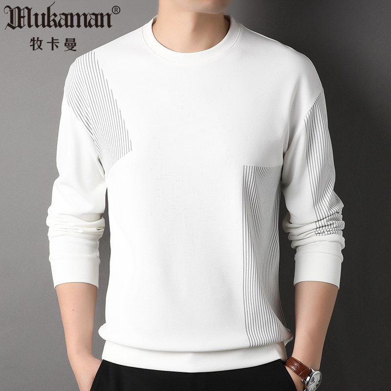 春秋款单衣男士长袖T恤无领体恤运动休闲白色上衣单穿外穿卫衣潮