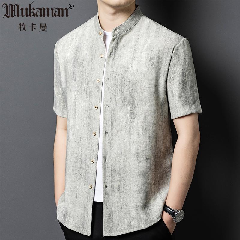 高品质国风水墨画立领短袖衬衫