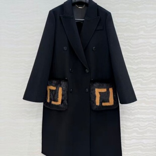 定制丹进口小母貂字母口袋大翻领双排扣H版型羊绒羊毛混纺大衣女