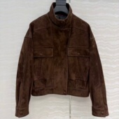 复古摩登时髦高定麂皮绒小羊皮双口袋松紧下摆高腰夹克外套皮衣女