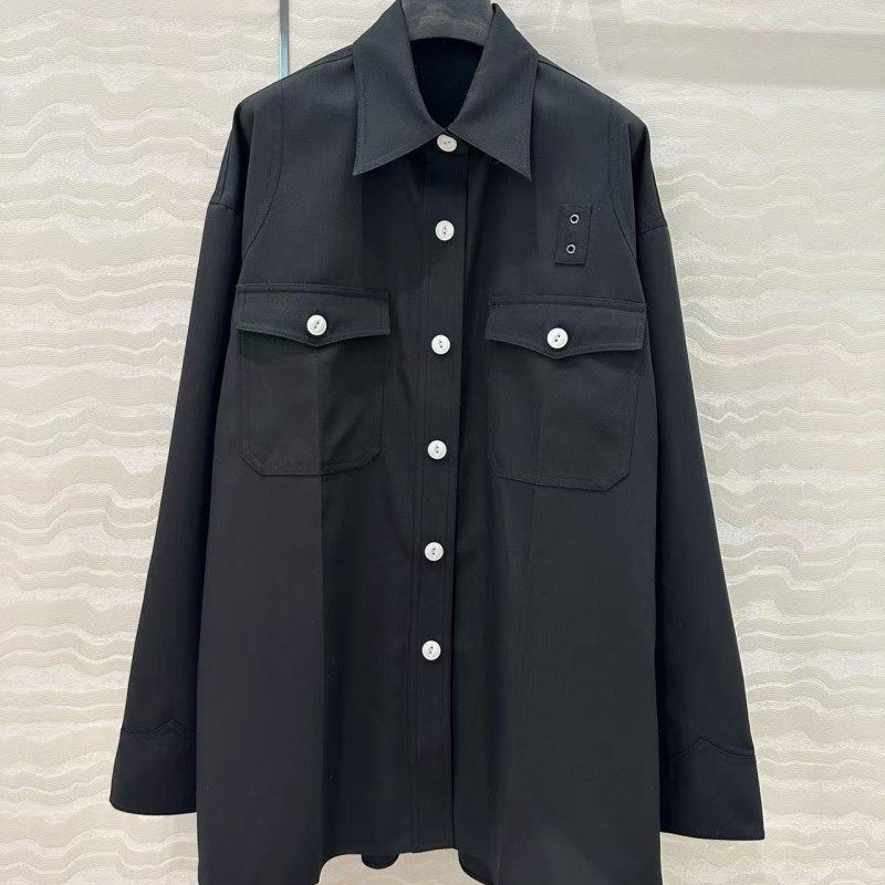 英伦学院风工装口袋定制精纺羊毛翻领H宽松中长款衬衫外套上衣女