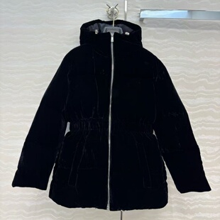 松紧蚂蚁束高腰连帽丝绒国标90白鹅绒内里再生尼龙中长款 羽绒服女