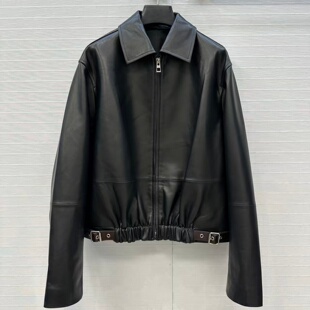韩版新款百搭进口小羊皮收褶下摆皮扣翻领高腰宽松短款皮衣外套女