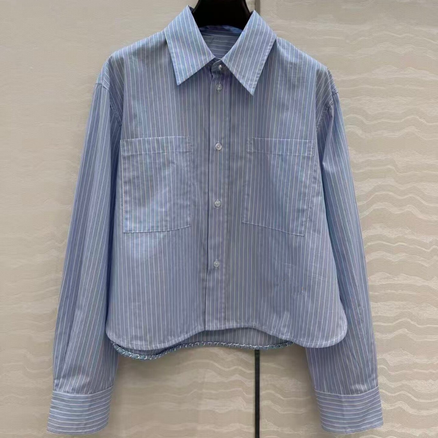 韩版新款进口府绸棉链条织带边刺绣珍珠扣翻领高腰显瘦衬衫上衣女