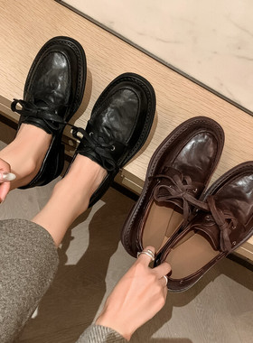 SIX MADDEN2024秋季女鞋简约方头乐福鞋粗跟系带小皮鞋单鞋SMC320