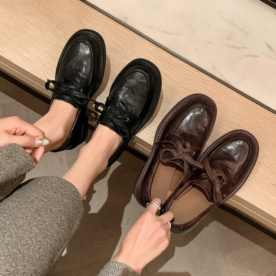 粗跟女鞋方头乐福鞋简约秋季系带