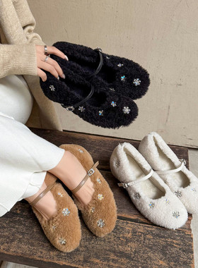 SIX MADDEN2025冬季女鞋浅口水钻一字带毛毛鞋玛丽珍鞋单鞋SMD353