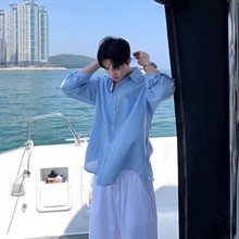 浅蓝色亚麻长袖衬衫男夏季韩版男友风高级感薄款透气度假防晒衬衣