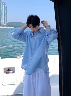 浅蓝色亚麻长袖衬衫男夏季韩版男友风高级感薄款透气度假防晒衬衣