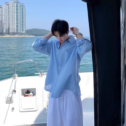浅蓝色亚麻长袖衬衫男夏季韩版
