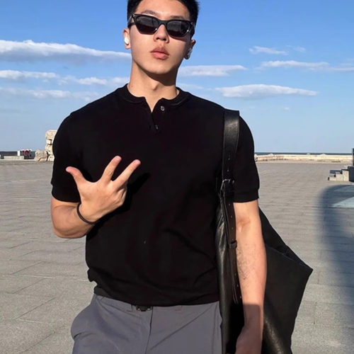 高级感纯黑色短袖Polo衫男夏季