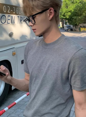 高级感灰色针织短袖男夏季潮牌老钱风痞帅修身半袖小领口冰丝t恤