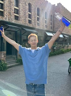 高级感镂空针织短袖男夏季韩版潮牌雾霾蓝宽松polo领t恤痞帅上衣