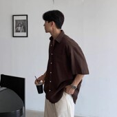 棕色亚麻短袖 透气衬衣老钱风上衣潮 复古美拉德穿搭薄款 衬衫 男夏季