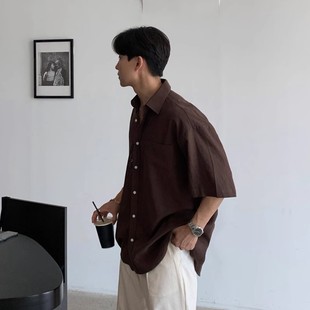 复古美拉德穿搭薄款 男夏季 透气衬衣老钱风上衣潮 衬衫 棕色亚麻短袖