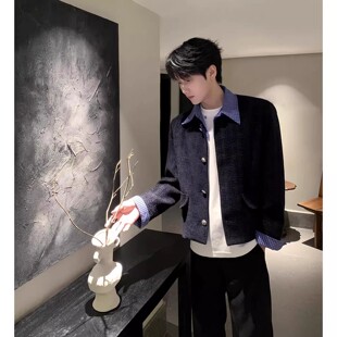 高级感时髦小香风外套男韩版 领夹克 潮牌设计感拼接假两件条纹衬衫