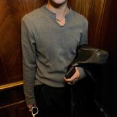 潮流痞帅打底衫 小众设计小v领华夫格长袖 T恤男高级感韩版 体恤上衣