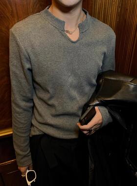 小众设计小v领华夫格长袖T恤男高级感韩版潮流痞帅打底衫体恤上衣