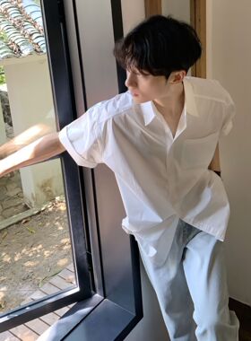 cleanfit纯白色衬衫短袖男夏季薄款英伦雅痞衬衣韩版宽松寸衫上衣