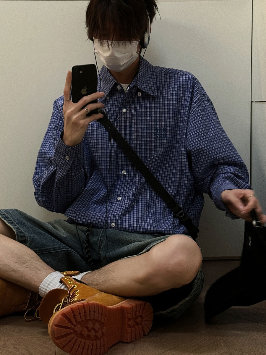 美式复古蓝色格子长袖衬衫男春秋