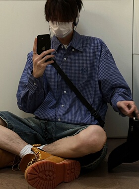 美式复古蓝色格子长袖衬衫男春秋韩版宽松高级感刺绣格纹衬衣外套