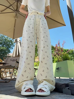 MZVZ高腰白色小熊印花牛仔裤女春秋季设计感小众直筒阔腿拖地裤子