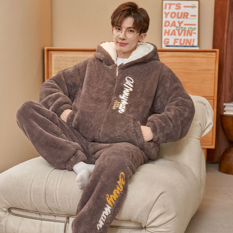 2025新款男士睡衣珊瑚绒秋冬季加厚加绒宽松青少年可外穿家居套装