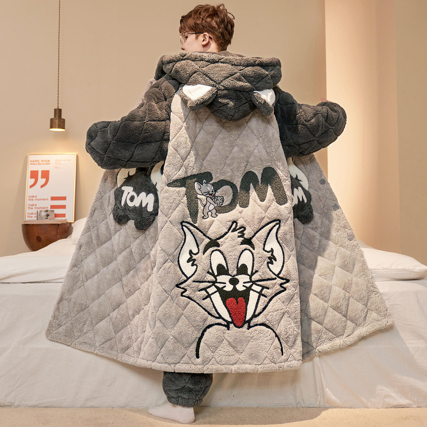 珊瑚绒睡袍男士秋冬季夹棉家居服