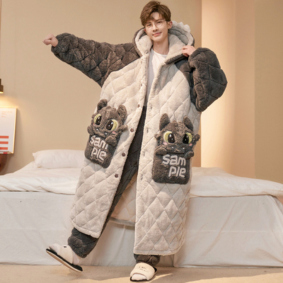 睡袍男士秋冬季珊瑚绒夹棉家居服