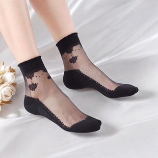 冰丝袜女短提花秋冬薄款棉底防滑玻璃丝袜子中筒耐磨防勾丝水晶袜