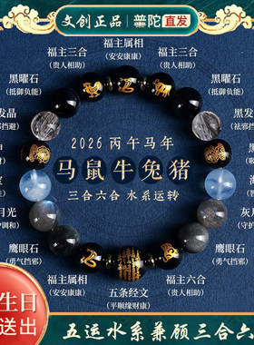 普陀五行手串属水三合六合财神本命年12生肖水晶手链黑曜石海蓝宝