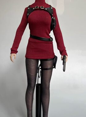 1/6 女兵人素体艾达王红色针织连衣裙黑色丝袜枪带