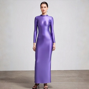 气质连衣裙高腰优雅包臀裙性感连袖 长裙 弹力丝滑一步裙女立领长袖