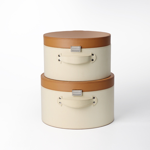 简约现代样板房高档米咖拼色圆筒收纳盒衣帽间家居皮革软装 饰品