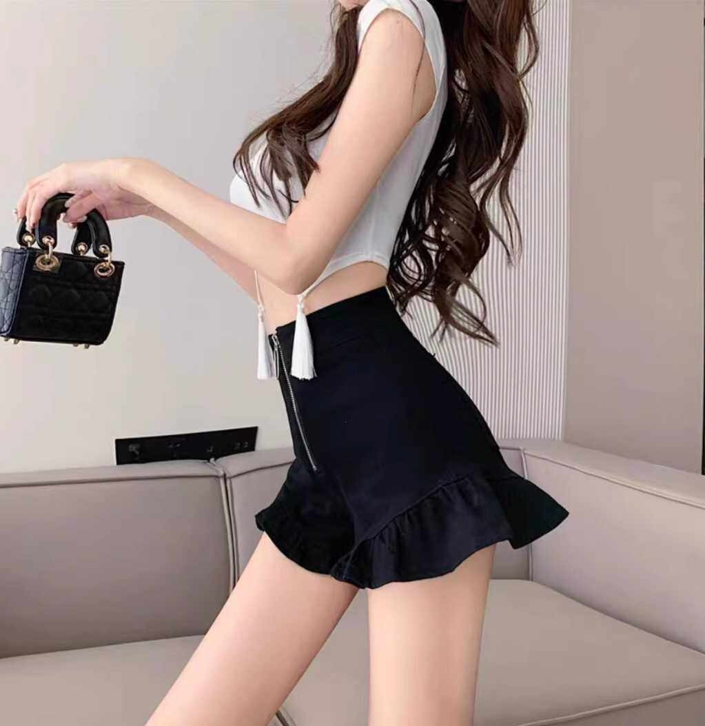 2024年夏季高腰显瘦拉链荷叶边阔腿短裤女黑色A字小个子休闲短裤