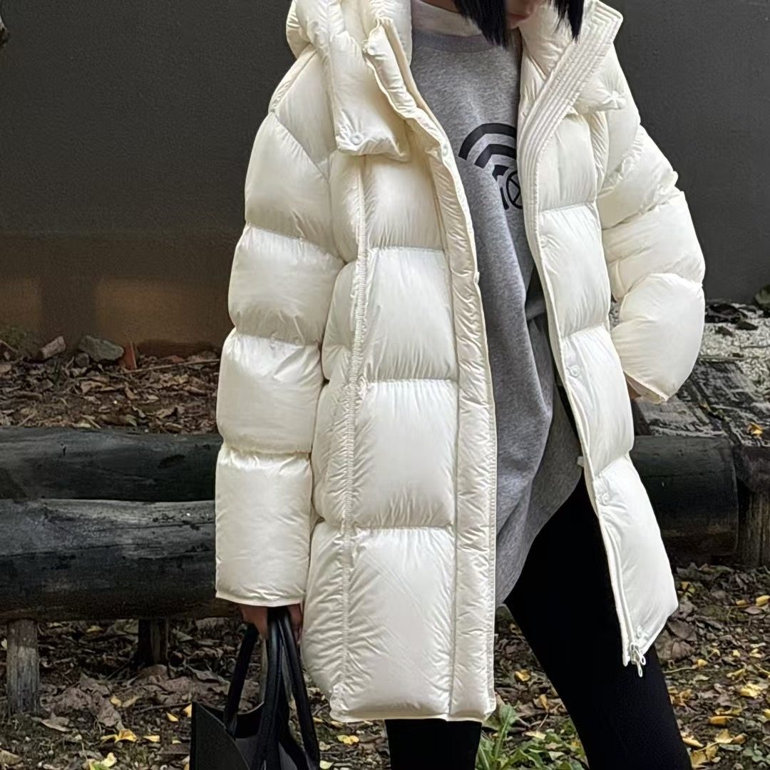 90白鹅绒设计感云朵泡芙轻便直筒连帽羽绒服女中长款加厚冬新外套