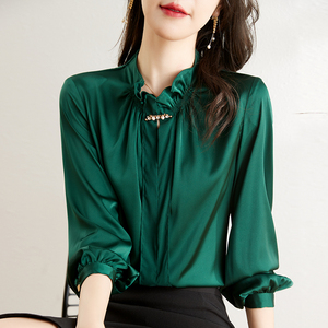 PS49573# 醋酸衬衫女秋季新款高端绿色长袖衬衣漂亮时尚上衣 服装批发女装直播货源