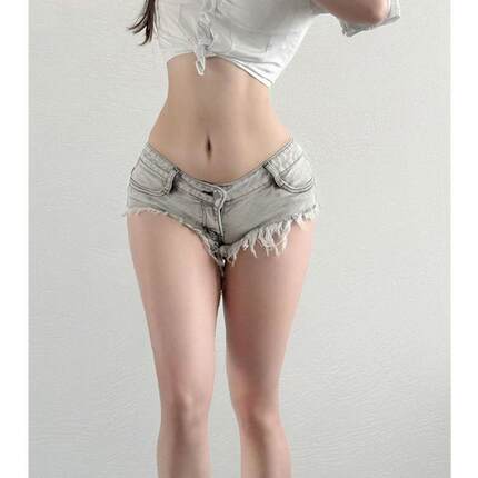 水洗灰毛边低腰牛仔超短裤女显腿长做旧千禧辣妹外穿夜店热裤高街