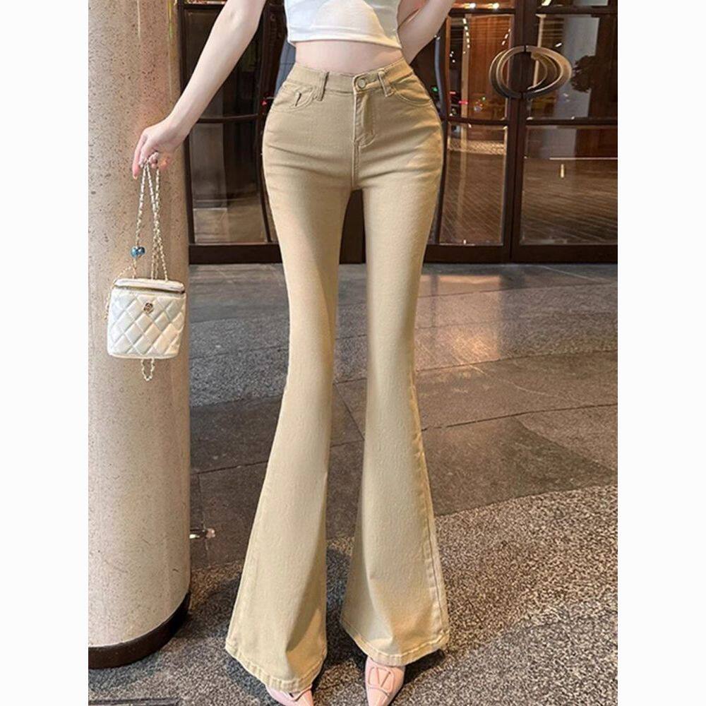 美式卡其浅色高腰辣妹修身微喇牛牛仔裤