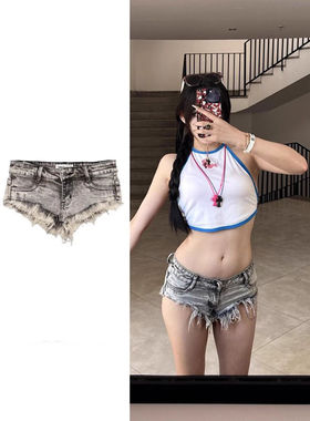 欧美式Y2K辣妹水洗复古毛边超短牛仔裤女灰色低腰包臀a字热裤短裤