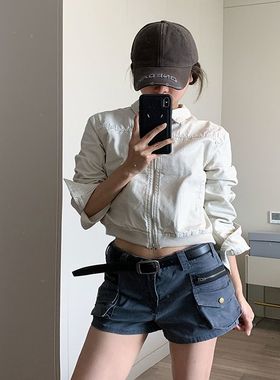 深灰色水洗工装牛仔短裤女欧美风百搭显腿长辣妹直筒休闲包臀热裤