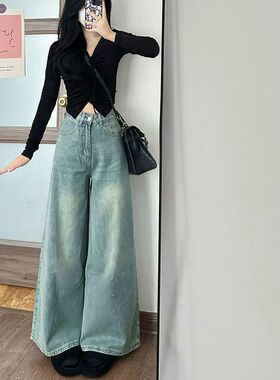韩版ins宽松垂感阔腿牛仔裤女高腰显瘦潮流百搭浅色胖mm拖地裤子