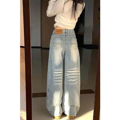 高腰美式辣妹牛仔裤女新款刺绣设计感复古直筒宽松休闲小众阔腿裤