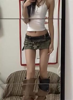 辣妹设计感性感绑带低腰超短裙女y2k千禧复古外穿酒吧牛仔包臀裙