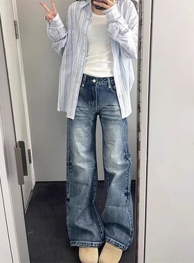 复古蓝微喇叭牛仔裤女新款水洗高腰宽松显瘦胖妹妹百搭直筒长裤