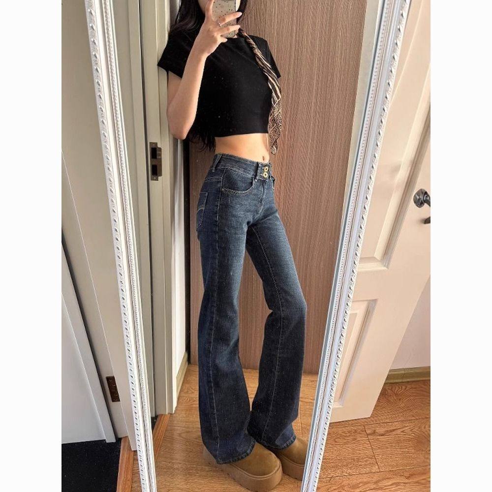 美式双扣微喇牛仔裤女喇叭裤弹力新款低腰辣妹复古韩版拖地马蹄裤