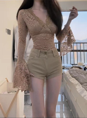 美式辣妹高腰ins牛仔超短裤女卡其浅色y2k千禧风修身弹力包臀热裤