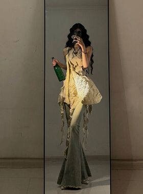 美式ins水洗做旧辣妹喇叭牛仔裤女高腰显瘦春秋设计感毛边拖地裤