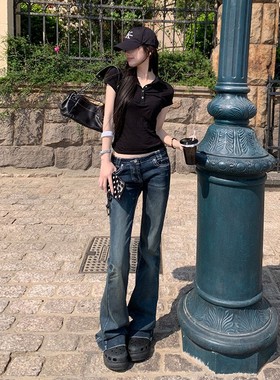 蓝灰色微喇牛仔裤女新款美式辣妹修身低腰ins弹力设计感喇叭裤子